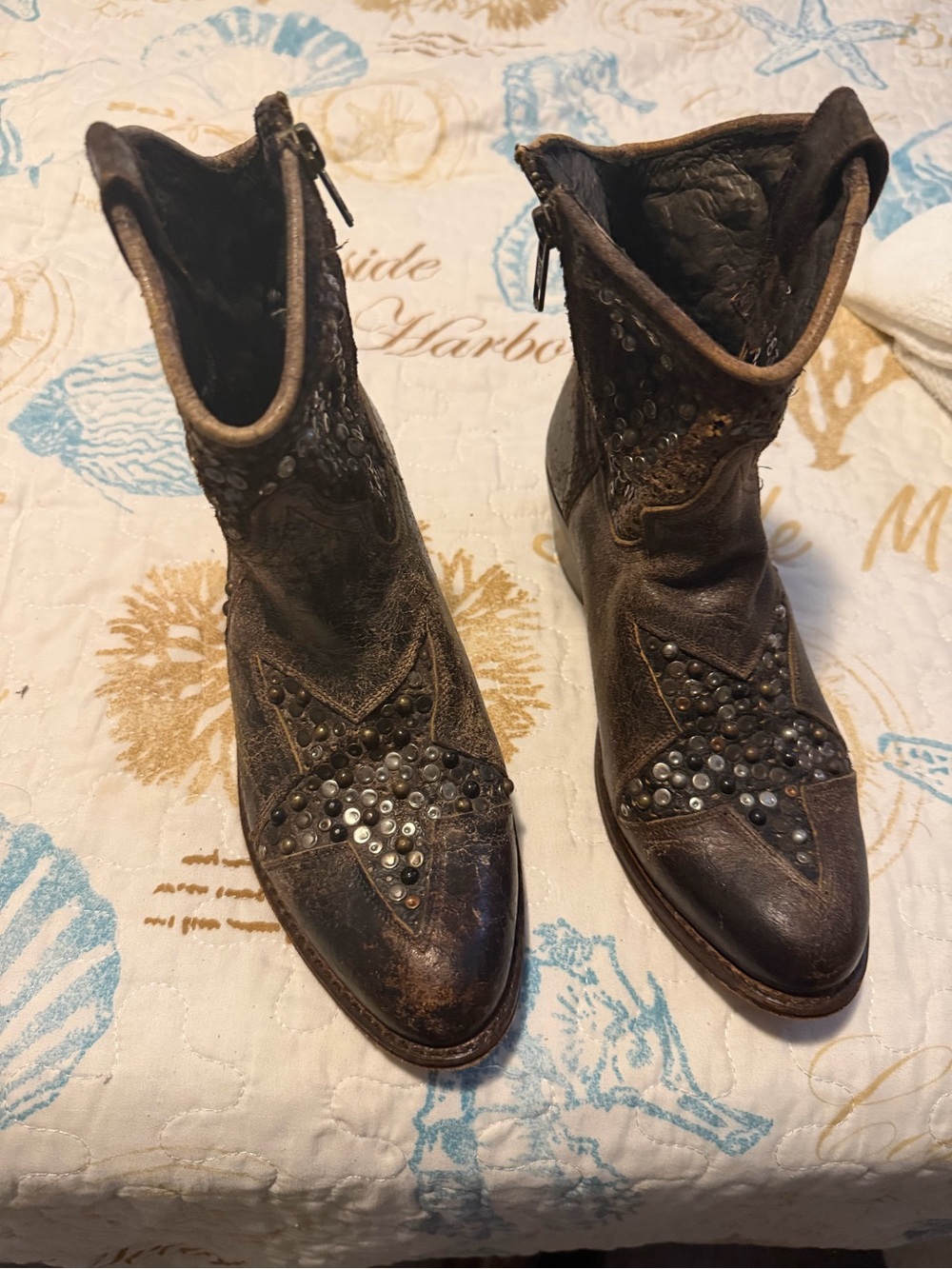 Frye Brown Studded Star Western Ankle Boots